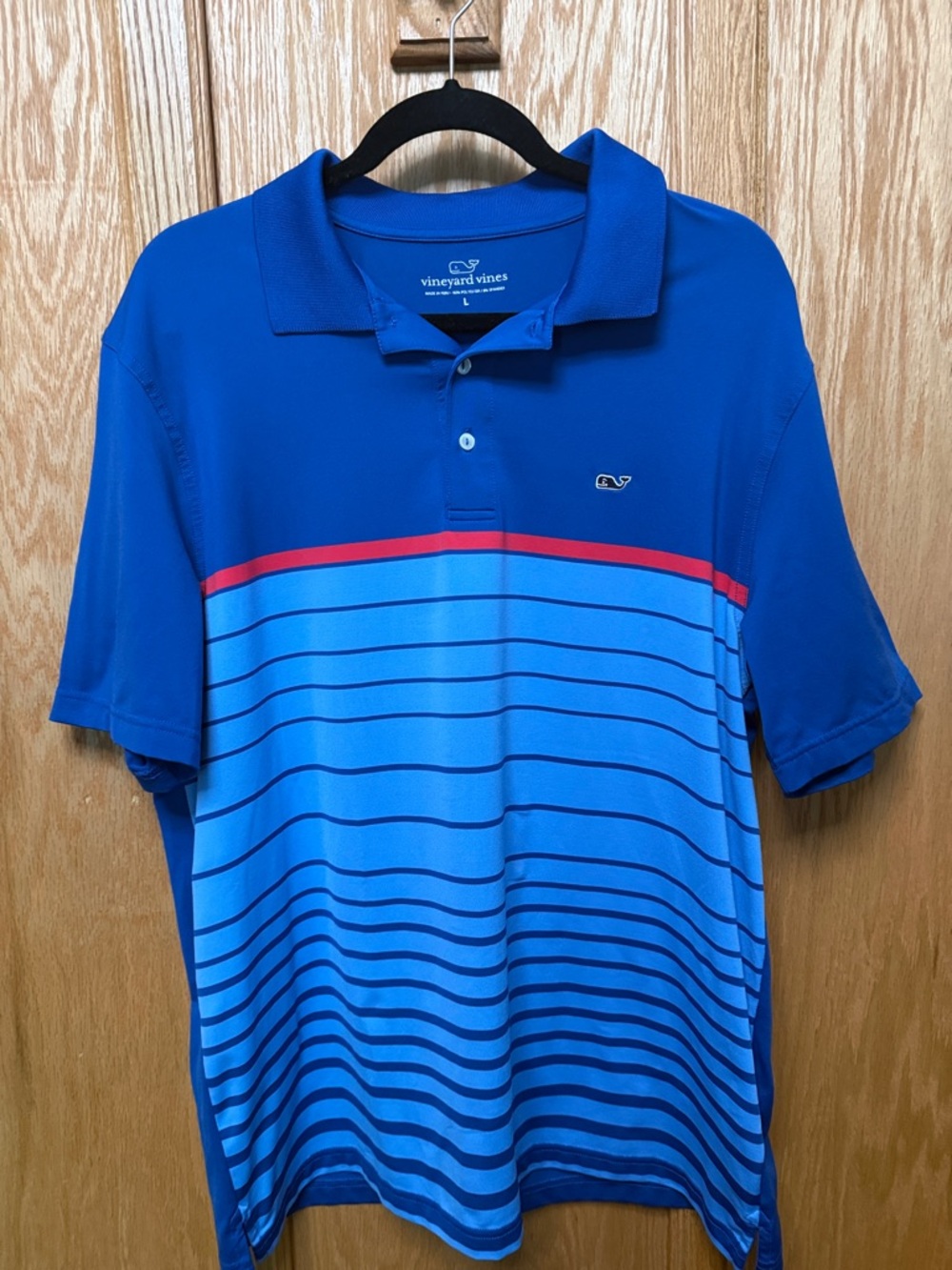 Vineyard Vines Royal and Light Blue Striped Polo with Red Accent

[200]